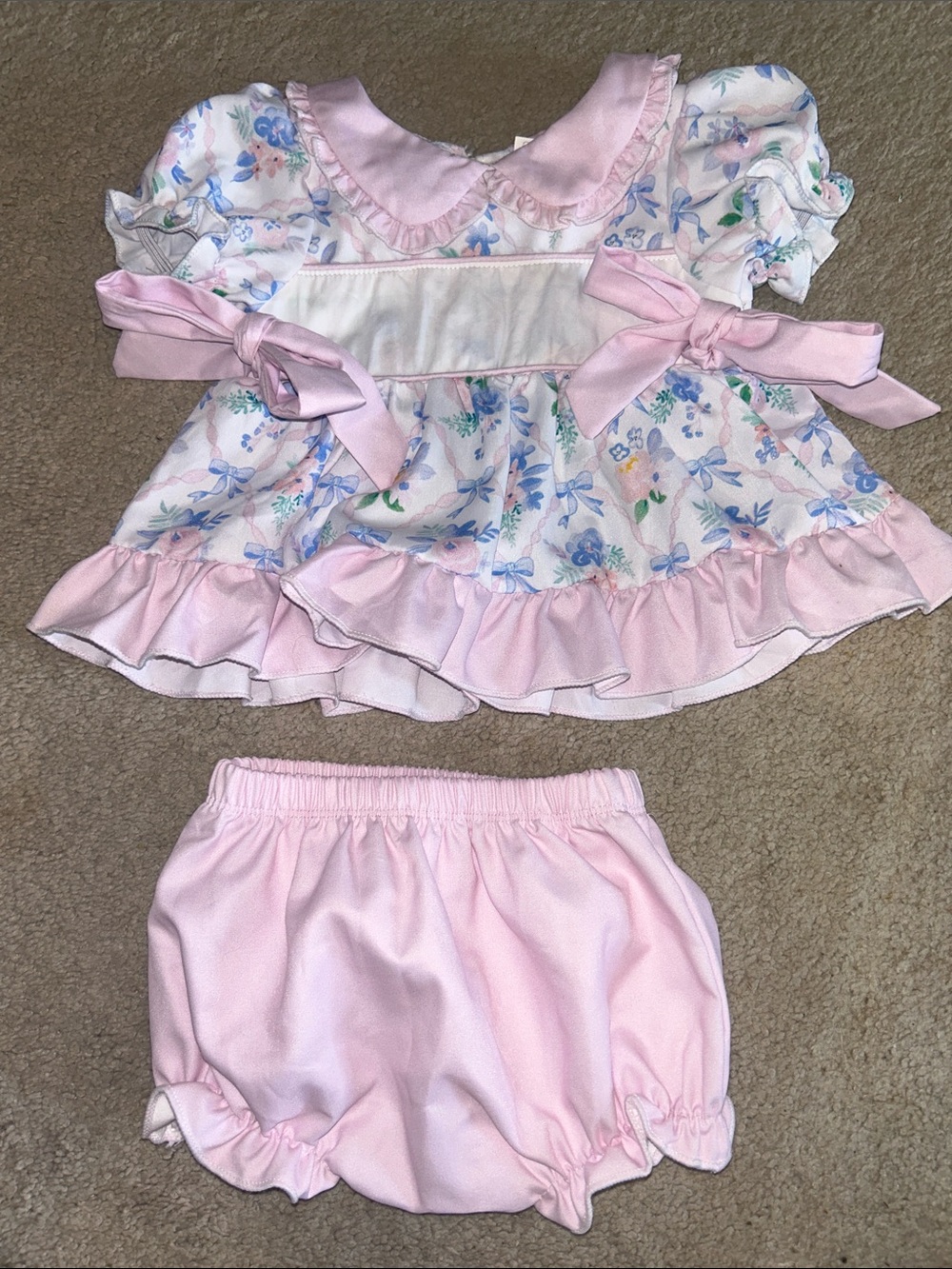 Stunning Pink Floral Baby Two-Piece Dress & Bloomers Set